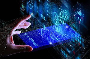 Ui izleme sistemi yazılımı ile akıllı fabrika otomotiv endüstriyel makine ile mühendis el kontrol ve kontrol kaynak robotik otomatik silah simgesi.