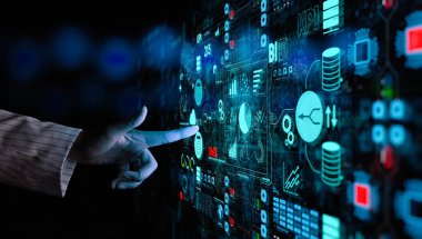 Kpi finansal grafikleri ve grafik ve otomatik pazarlama panosu ile iş kadını el dokunmabağlı dişli dişli ile iş veri analizi süreç yönetimi.