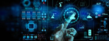 Ui izleme sistemi yazılımı ile akıllı fabrika otomotiv endüstriyel makine ile mühendis el kontrol ve kontrol kaynak robotik otomatik silah simgesi.