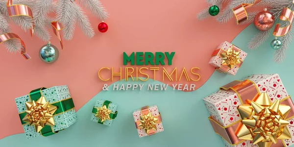 Merry Christmas Illustration flat lay with golden gifts and multicolored balls on pink and blue background 3d render