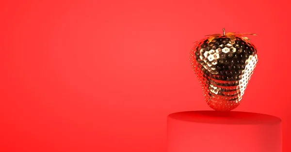 Zlatá jahoda v červeném pozadí 3d vykreslení — Stock fotografie