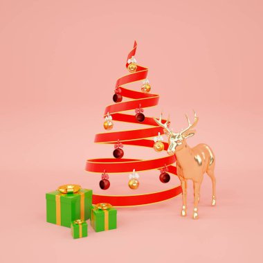 Kırmızı kurdele Noel ağacı hediyeleri ve pembe arka planda altın geyik desenli Noel kartı illüstrasyonları.