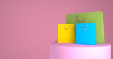 Pembe arka planda basit çok renkli alışveriş torbaları 3D görüntüleme