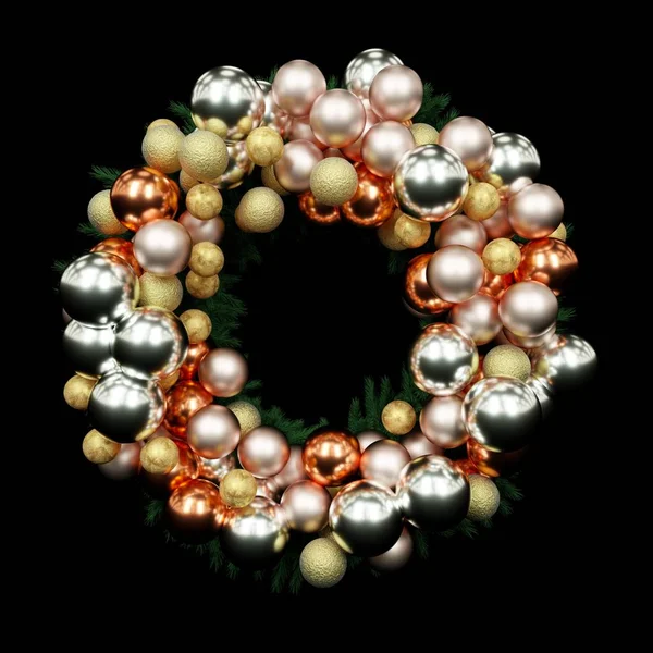 Christmas wreath with multicolored balls on black background 3d render — 图库照片