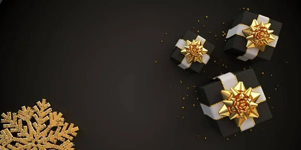 Black gift boxes on dark background 3d render — 图库照片