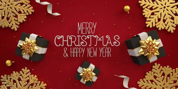 Счастливая рождественская квартира лежал иллюстрации карты с черными коробками подарков ленты и золотые шарики на красном фоне 3d рендеринга — стоковое фото