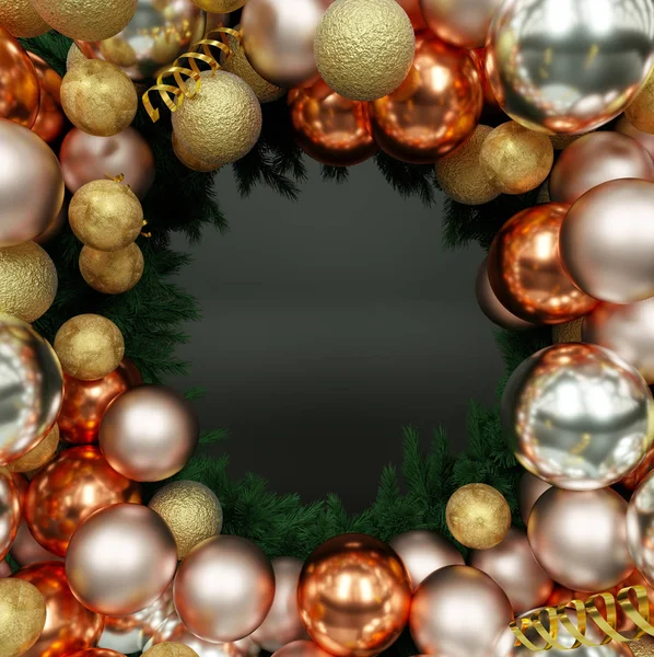 Noel çerçevesi siyah zemin üzerinde altın toplar ile çelenk 3D render — Stok fotoğraf