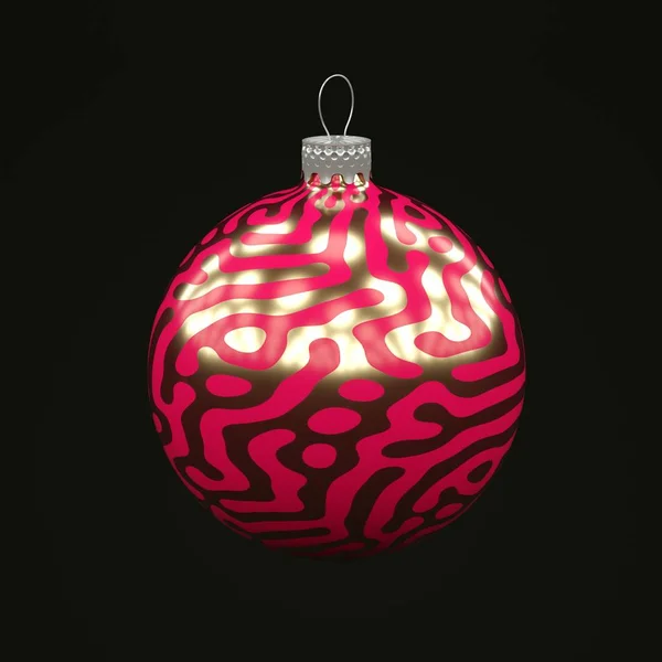 Natale palla rossa con motivo dorato su sfondo nero rendering 3d — Foto Stock