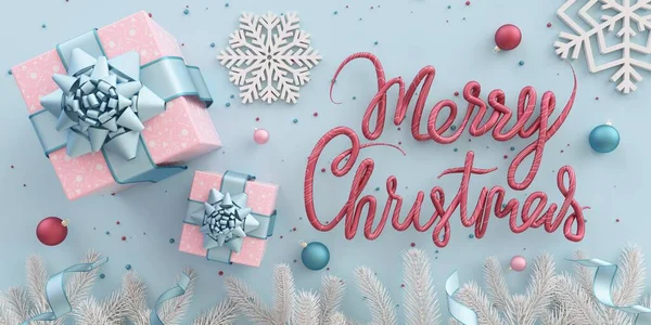 Merry Christmas illustration flat lay card with gift boxes snowflakes branches and decor in pastel lilac colors 3d render