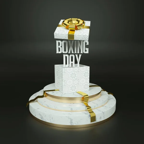 Boxing day minimal design 3d render illustration with white gift box on black background — Stock Photo, Image