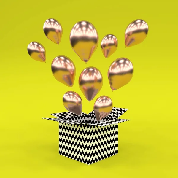 Zwart wit zigzag geschenkdoos open gouden metalen ballon drijvende gele achtergrond 3d renderen — Stockfoto