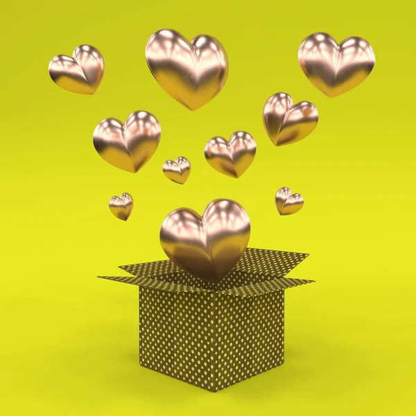 惊喜礼盒打开气球心脏漂浮黄色背景3D渲染 — 图库照片