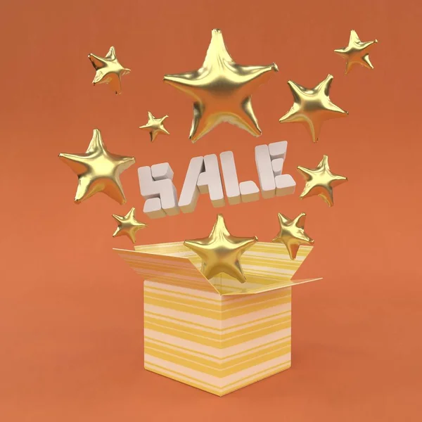 Einkaufen isoliert Verkauf mit Geschenkbox öffnen Ballon Stern schwimmend orange 3D-Render — Stockfoto