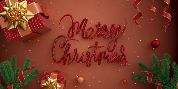 Feliz Natal vermelho ilustração flat lay card com caixas de presente árvore de natal e bolas no fundo vermelho 3d render Fotos De Bancos De Imagens Sem Royalties
