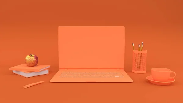 Minimalismo composição simples laranja laptop mock-up para o seu texto e fundo 3d render Fotos De Bancos De Imagens