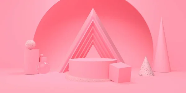 Abstract roze studio met podium en geometrische vorm pastel kleur voor cosmetische of product 3d renderen — Stockfoto