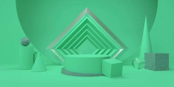 Abstraktní zelené studio s pódiem a geometrickým tvarem pastelové barvy pro kosmetické nebo produkt 3d vykreslení — Stock fotografie