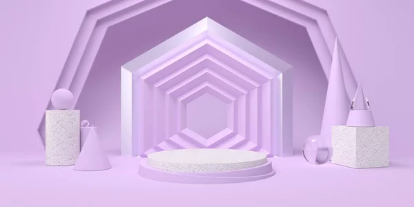 化粧品や製品の3Dレンダリングのための表彰台と幾何学的な形状のパステルカラーの抽象的な紫色のスタジオ — ストック写真