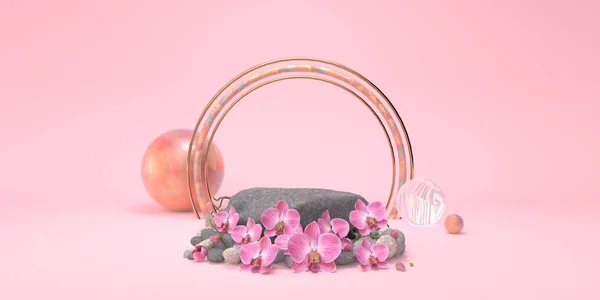 Estadio de roca con flores orquestadas color pastel Pink estudio para cosmética o producto 3d renderizado. — Foto de Stock