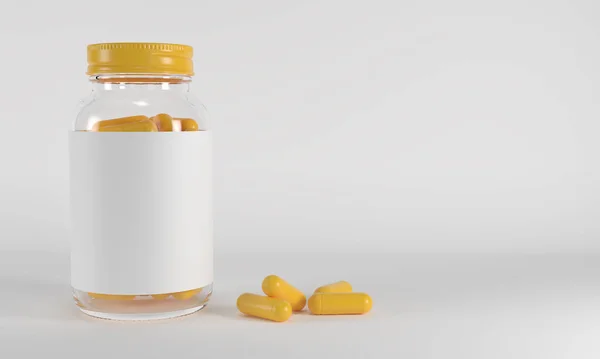 Frasco de medicina e cápsulas de zombaria em fundo branco renderização 3D — Fotografia de Stock