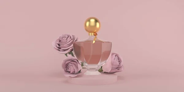 Perfume garrafa zombaria no fundo rosa renderização 3D — Fotografia de Stock
