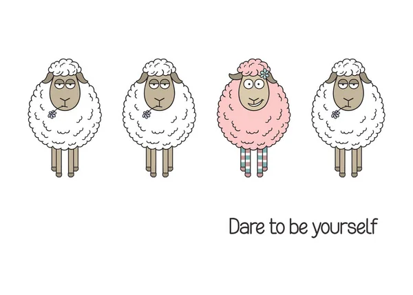 白鈍いものの中でかわいいと面白いピンクの羊 あなた自身のレタリングであることを敢えて 自分自身であること 群衆の概念から立ち上がること — ストックベクタ