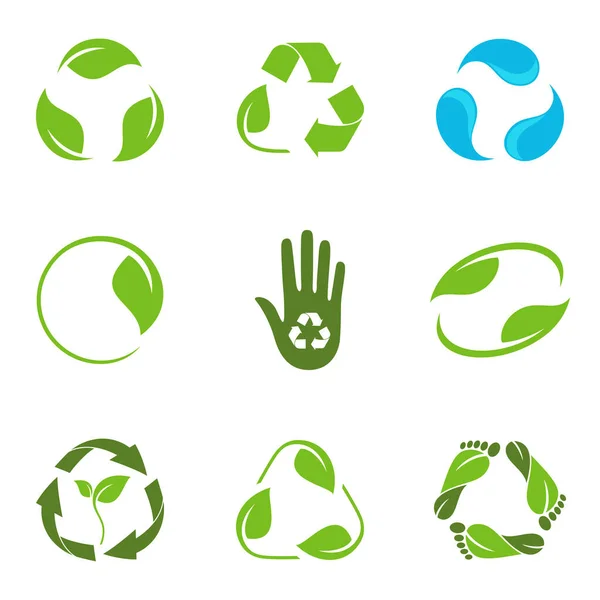 Set Von Alternativen Versionen Des Recyclingsymbols Mit Blättern Und Wassertropfen — Stockvektor