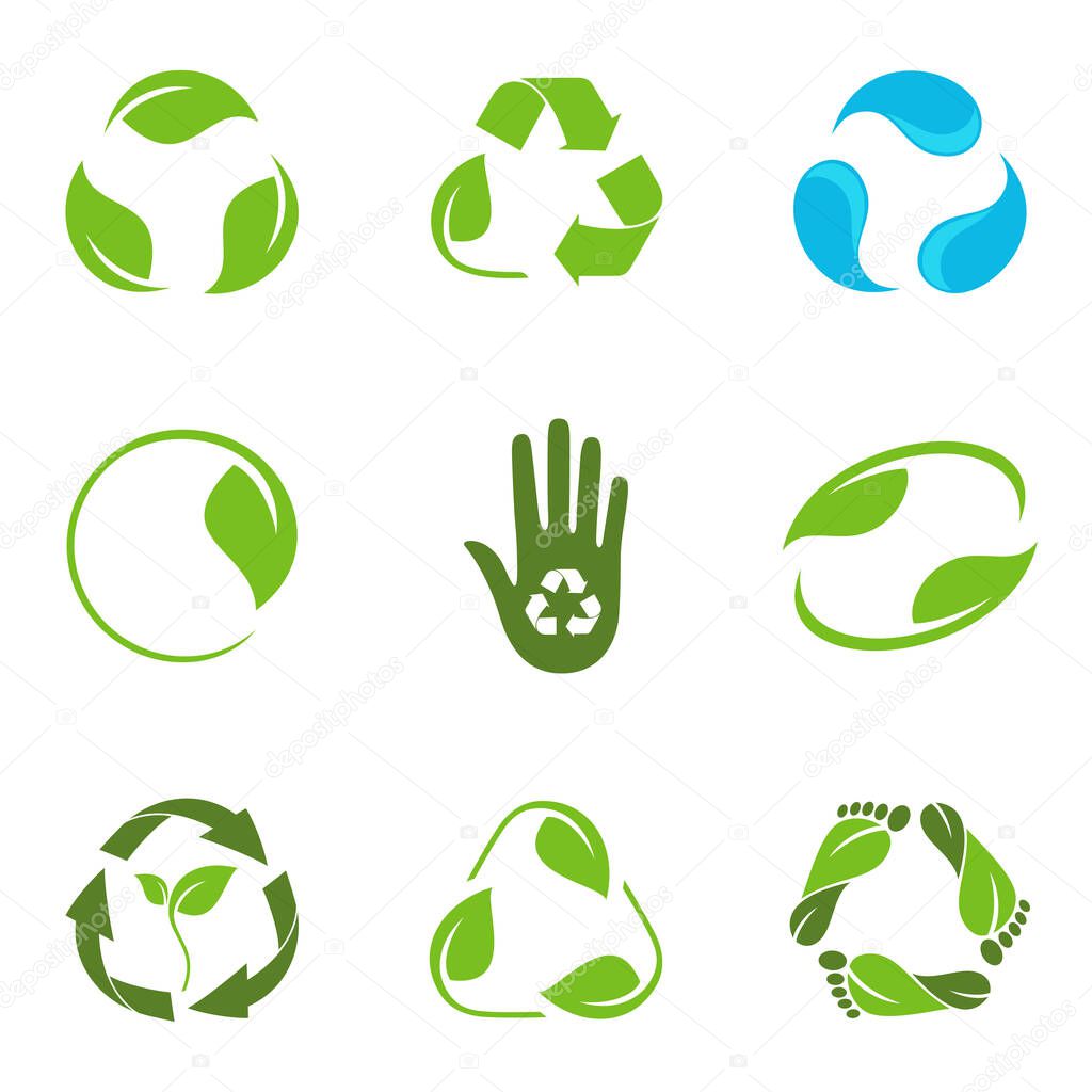 Set of alternative versions of recycling symbol with leaves and water droplets