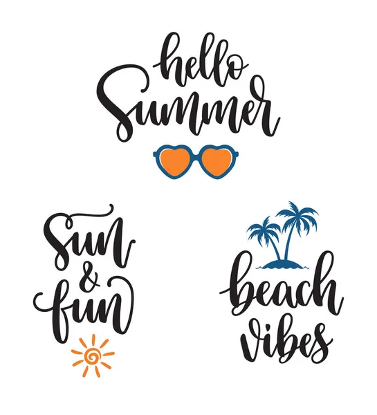 Summer Seasonal Phrases Lettering Set Hello Summer Sun Fun Beach — Stock Vector