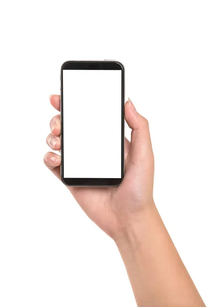 Beyaz arka planda akıllı telefonu tutan kadın..