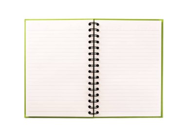 Beyaz arkaplan üzerine kurulu açık spiral defter. Üst görünüm