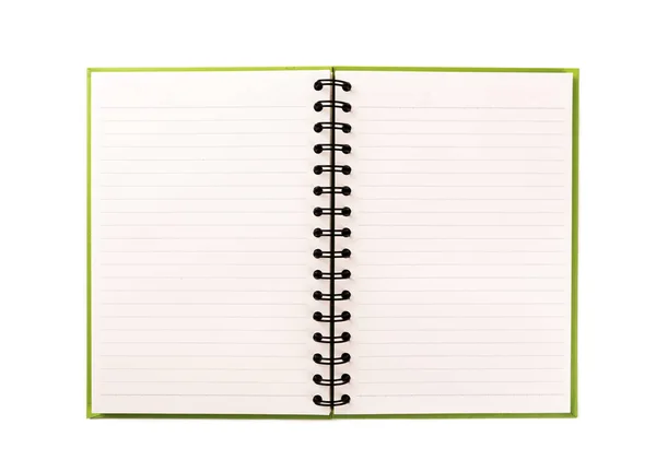 Beyaz arkaplan üzerine kurulu açık spiral defter. Üst görünüm