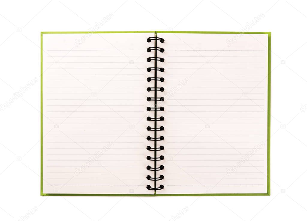 Open spiral notebook islated on white background.top view