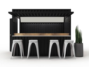 Modern kafe bar restoranındaki nakliye konteynırını 3D tasarım ve modelleme ile güzelce dönüştürmüşler..