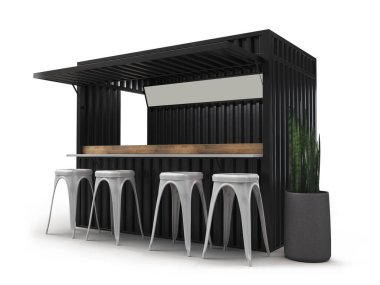 Modern kafe bar restoranındaki nakliye konteynırını 3D tasarım ve modelleme ile güzelce dönüştürmüşler..