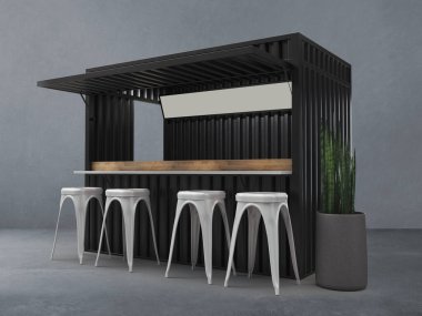 Modern kafe bar restoranındaki nakliye konteynırını 3D tasarım ve modelleme ile güzelce dönüştürmüşler..