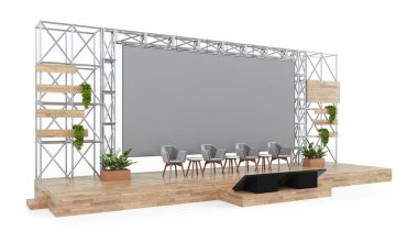 Konferans sandalyeli ahşap ve metal etkinlik sahnesi, dev ekranlı endüstriyel tasarım, 3D model oditoryum.