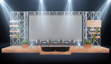 Konferans sandalyeli ahşap ve metal etkinlik sahnesi, dev ekranlı endüstriyel tasarım, 3D model oditoryum.
