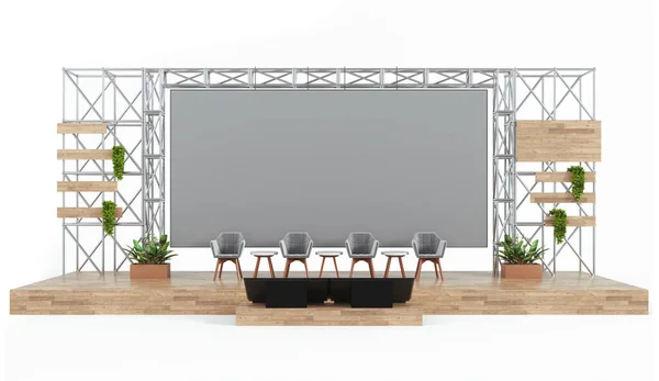 Konferans sandalyeli ahşap ve metal etkinlik sahnesi, dev ekranlı endüstriyel tasarım, 3D model oditoryum.
