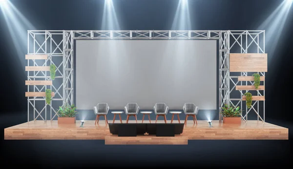 Wood and metal event stage with conference panel chairs, industrial design with giant screen, 3d mockup auditorium.