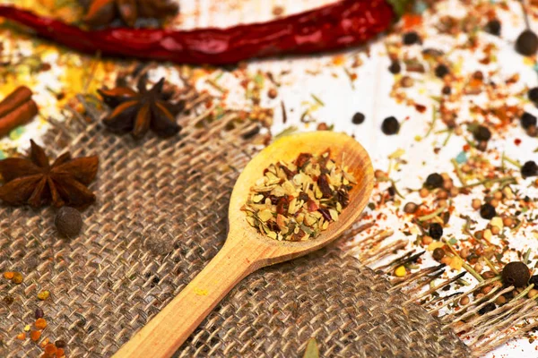 Spezie profumate piccanti in cucchiai — Foto Stock