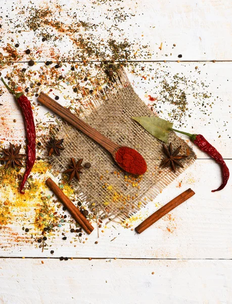 Spicy fragrant spices in spoons — Stock Photo, Image