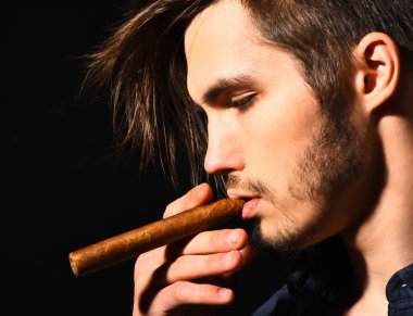 Ciddi sakallı adam puro içiyor.