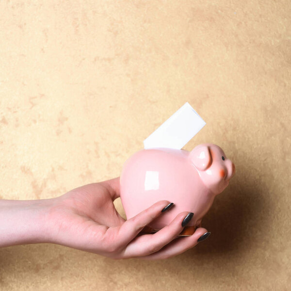 pink piggy moneybox with paper in female hand