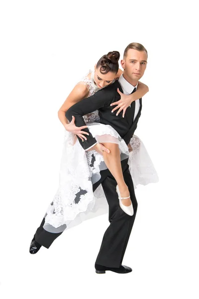 Ballrom dança casal em uma dança pose isolado no branco bachgroun — Fotografia de Stock