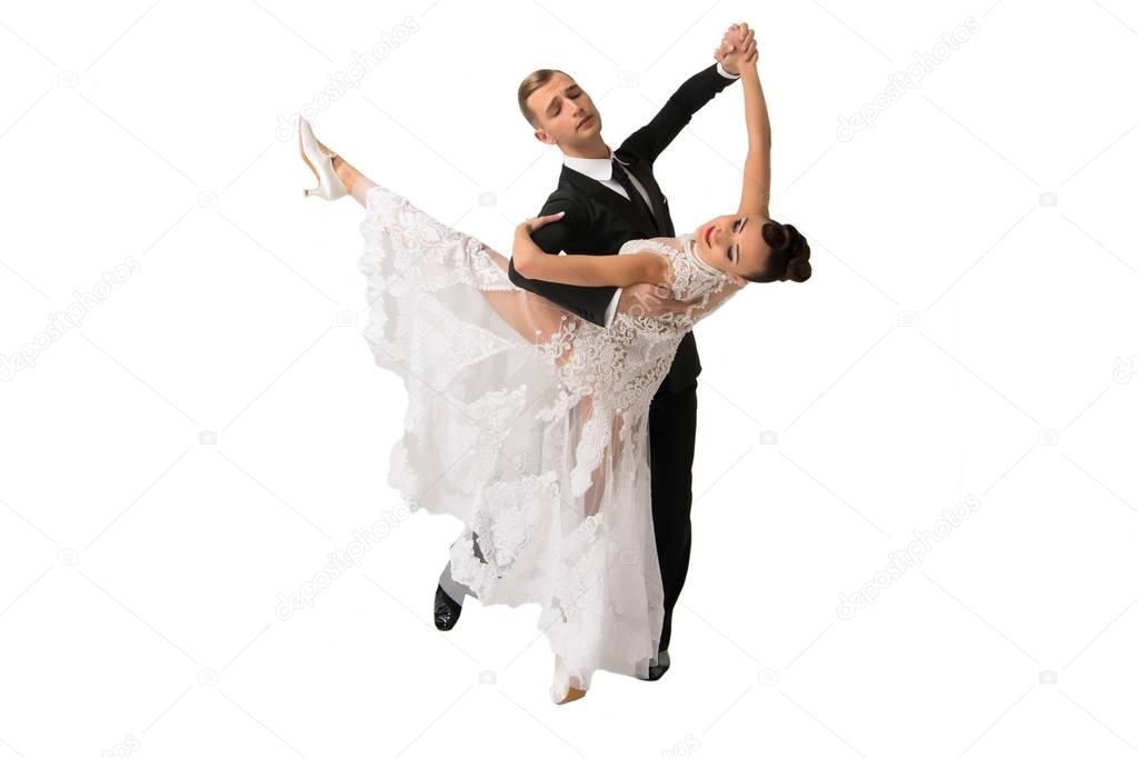 ballrom dance couple in a dance pose isolated on white bachgroun