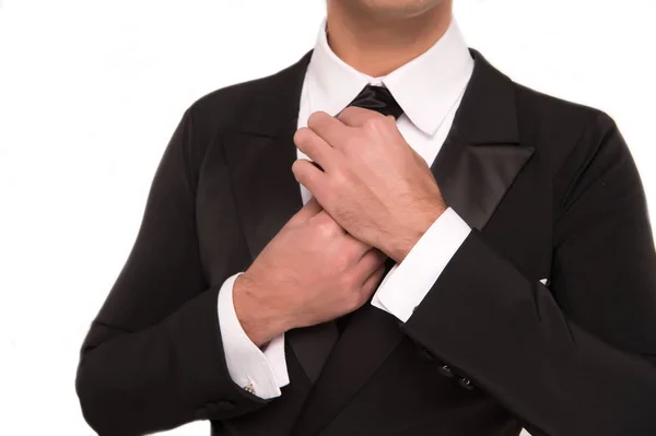 Guapo hombre de negocios o novio en traje de moda aislado en blanco — Foto de Stock