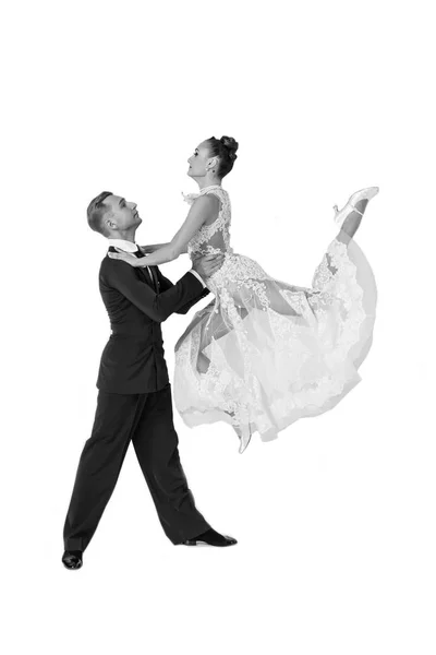 Ballrom dance couple in a dance pose isolated on white bachground — Stock Photo, Image