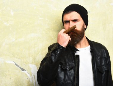 Sakallı vahşi Kafkas hippisi puro içiyor.