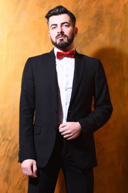 Stüdyo duvarında ciddi bir yüzü olan sakallı bir adam.